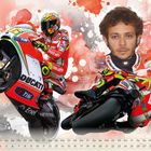 Juni, Ducati-Logo, Fahrer auf Motorrad in Rennkleidung, dynamische rot-weiße Hintergrundgestaltung mit Fahrerkopf.