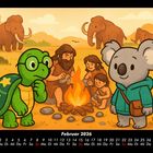Februar 2026. Illustration: Schildkröte mit Brille und Koala vor Steinfamilie am Lagerfeuer, im Hintergrund Mammuts.