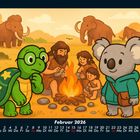 Kalenderblatt für Februar 2026. Illustration: Ein Koala und eine Schildkröte neben einem Lagerfeuer mit prähistorischen Menschen.