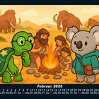 Kalender für Februar 2026. Illustration: Schildkröte mit Brille, Koala in Kleidung, Familie am Lagerfeuer, Mammuts im Hintergrund.