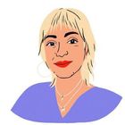 Illustration einer Frau mit blondem Haar, roten Lippen, Kreolen und Kette. Hintergrund in Weiß.