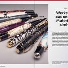 Teil 4: Werkstücke aus anderen Materialien drehen. Daneben sind stilvolle Kugelschreiber mit Mustern angeordnet.