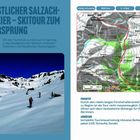 1 ÖSTLICHER SALZACHGEIER – SKITOUR ZUM URSPRUNG. Charakter: Relativ lange Forststraße, dann Skihänge. Karte und Schneebedeckte Landschaft.