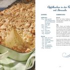 Rezept für Apfelkuchen in der Rein mit Streuseln. Zutatenliste und Zubereitungsanweisungen stehen links und rechts.