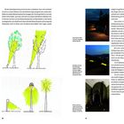 Text oben links: Über Gartenbeleuchtung und Lichtreflexion, Bäume ohne Blätter im Winter.  
Links: Skizzen von Baumbeleuchtung.  
Rechts: Drei Fotos von beleuchteten Wegen und einem Tunnel bei Nacht.   
Texte rechts: Blindtext-Absätze in Lorem Ipsum.