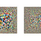 Zahlen "114" und "115" unten. Zwei farbenfrohe, pixelige Quadrate nebeneinander, mit bunten, chaotisch verteilten Pixeln.