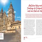Auf dem Weg nach Santiago de Compostela. Linke Seite: Kathedrale von Santiago, Treppen und blauer Himmel.
