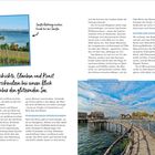 Sanfte Rebhänge reichen hinab bis ans Seeufer. Geschichte, Glauben und Kunst verschmelzen bei einem Blick über den glitzernden See. Hier wird Vergangenheit lebendig: die Pfahlbauten von Unteruhldingen. Oben links ein Foto von Rebhängen am See. Unten rechts eine Aufnahme von Pfahlbauten über dem Wasser, verbunden durch Holzstege. Text beschreibt die Natur und das Pfahlbaumuseum.