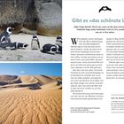 "Frage 45, 109. Gibt es »das schönste Land«?" Oben Frau mit Pinguinen am Strand; unten Dünenlandschaft unter blauem Himmel.