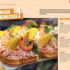 "Einfach genießen!" "Entdecke die kulinarischen Perlen Kopenhagens." Zu sehen sind belegte Brote mit Garnelen und Zitronenscheiben.