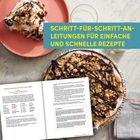 Text: "EROBERE DIE KÜCHE UND ENTDECKE NEUE LIEBLINGSGERICHTE". Ein Teller mit Fleisch in Sauce und grünen Bohnen.