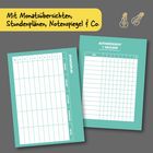 Text: "Mit Monatsübersichten, Stundenplänen, Notenspiegel & Co." Zwei Tabellenblätter, Stundenplan und Notenübersicht.