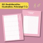 "Mit Monatsübersichten, Stundenplänen, Notenspiegel & Co." Zwei rosa Planer auf rosa Hintergrund, Glühbirnen-Symbole.