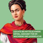 Text: „Leichte bis mittelschwere Rätsel, geeignet für Erwachsene und Jugendliche.“ Illustration einer Frau mit rotem Schal.