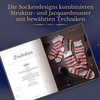 „Die Sockendesigns kombinieren Struktur- und Jacquardmuster mit bewährten Techniken.“ Drei gestreifte Socken.