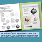 Texte: "Weighting lines + contour hatching", "Schritt-für-Schritt-Anleitungen zu grundlegenden Strichtechniken". Anleitung zum Zeichnen von Zwiebeln.
