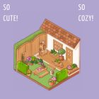 Text: "SO CUTE! SO COZY!" Illustration eines kleinen, gemütlichen Gartens mit Holzmöbeln und Pflanzen auf lila Hintergrund.