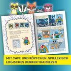 Text: "MIT CAPE UND KÖPFCHEN: SPIELERISCH LOGISCHES DENKEN TRAINIEREN". Comic mit Tieren und Superheld. Logikrätsel.