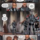 Die Texte handeln von einer Mission, einem Dieb und Spuren. Mehrere Figuren in futuristischer Rüstung stehen zusammen.