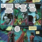 Comicszene mit Figuren in bunten Gewändern, in einem futuristischen Raum; magische Diskussion; grüne Flammen。