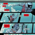 Rote Textboxen, schwarzer Text: "Pillen, Brillen, Körperteile...", ein Cyborg taucht unter Wasser, zerschlägt Glas.