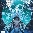 Das Bild zeigt einen Mann mit offenem Hemd, der kniend vor einem leuchtenden, elektrisierenden Hintergrund steht. Textblöcke sprechen von "Hart Home, Florida", "blankes Chaos" und "Datenstrom".