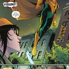 „VISION?! Bist du wegen ’nem Ölwechsel hier?“ „Unsinn. Ich trenne Arbeit und Spaß.“ Illustration von Menschen und einer Kreatur.