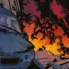 „Wie ich es noch nie gespürt habe.“ Illustration von brennenden Autos und rauchendem Himmel, ein Gebäude ist links zu sehen.