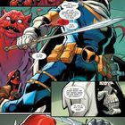 Comic mit redenden Figuren: Eine rote, maskierte Figur mit Klingen, ein Skelett in Rüstung. Dialoge über Masken und Waffen.