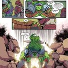 Comic-Szene: Grünes Wesen in Rüstung trifft den Boden, Steine fliegen, dabei "SMASSSSH" und Dialoge über bevorstehenden Kampf.