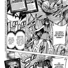 Comic-Stil, Frau spielt Karten, riesiges Baumwesen, Texte über Karten und Strategien, dynamische und aufregende Szene.