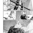 Text: ZSCH, BLEND COFFEE. 

Eine Person raucht und trinkt Kaffee auf einem Balkon. Wind weht durch die Haare. Anime-Stil.