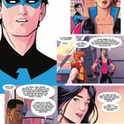 Sprechblasen über Technologie, Fähigkeiten und Teamarbeit. Illustration von Superhelden in futuristischer Umgebung.