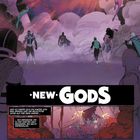 Logo: "NEW GODS". Figuren schweben in rosa Wolkenkulisse, diskutieren über Krieg und Einigkeit. Dramatische Farben.
