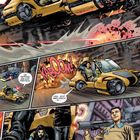 Eine actionreiche Comic-Szene mit einem schwebenen Fahrzeug, Explosionen und einer Person mit Blasterwaffe. Gesprächsbubbeln: „Die Tattooos sind echt praktisch.“ „Kaboom!“ „Okay, jetzt aber zurück zu …“ „Ah, man sagte mir, sie seien schwer zu erwischen, aber meine treue Blasterkanone war wohl doch zu viel. Sie enttäuschen mich, Doktor.“