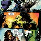 Illustration eines Kampfes mit Hulk. Dynamische Szenen, Explosionen und intensive Farben dominieren. Comic-Stil.