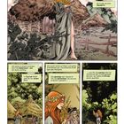 Comic mit einer Frau in einem Dorf mit Strohhütten. Sie trägt ein langes Kleid, Blumen im Haar und hält gelbe Blumen.
