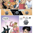 Comic mit Leuten, die ein Rollenspiel spielen. Gespräche und Würfel im Mittelpunkt. Kostümierte Figuren in Aktion.