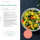 Blumenkohl-Linsen-Curry Rezept. Zutaten: Linsen, Zwiebel, Karotte, Blumenkohl, Mangold, Kurkuma. Tipp: Mit Kresse servieren.