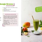"Mango Breeze" Rezept mit Zutaten und Zubereitung. Links Text über Stoffwechsel, Detox, Zellschutz. Rechts grüne Smoothie-Foto.