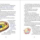 Text auf zwei Seiten mit Illustrationen. Links ein Kind auf Toast, rechts ein buntes Schweinchen.