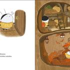 Links: "Klopf, klopf! Was für ein spannendes Geräusch!" Rechts: Illustrationen von einem Insekt in gemütlichen Zimmern.