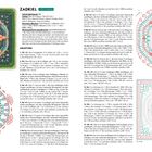 Auf der linken Seite steht "ZADKIEL" mit Anleitung zum Häkeln eines quadratischen Musters. Rechts sind farbige Diagramme.