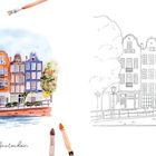Gemälde mit bunten Häusern am Wasser, Baum daneben. Links oben Tipp für Maltechniken. Unten „Amsterdam“.