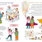 ADHS-Stärken und Herausforderungen. Kinder interagieren lebhaft, während farbige Konfetti, Superheldenumhänge und Gemälde erscheinen.