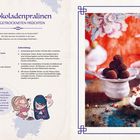 Schokoladenpralinen mit getrockneten Früchten. Rezeptdetails links, rechts Pralinen auf einem Teller. Illustrationen unten.