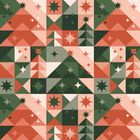 Illustration mit geometrischen Formen in Rot, Grün und Beige, geschmückt mit Sternmustern.
