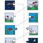 LÖSUNG: Puzzle-Teile mit Fledermaus, Regenwurm, Schildkröte, Schaf. Linien verbinden passende Tier-Paare.
