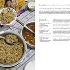 "Serves 3 to 4 as a side." Links Schüssel mit Reisgericht, rechts Text über Zubereitung von Prawn Pulao. Teller mit Reis.