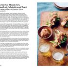 "Pochierter Thunfisch, eingelegte Schalotten auf Toast mit grünen Bohnen", daneben fünf belegte Toasts und Schalen.